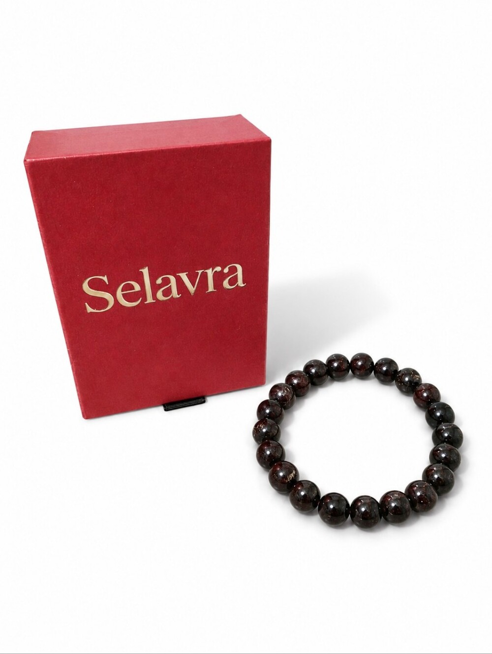 Selavra Genuine Garnet Gemstone Beaded Stretch Bracelet w/ Box New